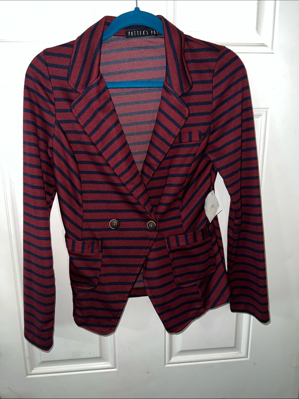 Potter's Pot Burgundy and Navy Striped Double-Breasted Blazer